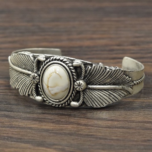 TURQUOISE WHITE Stone FEATHER C- CUFF BRACELET - Picture 5 of 8